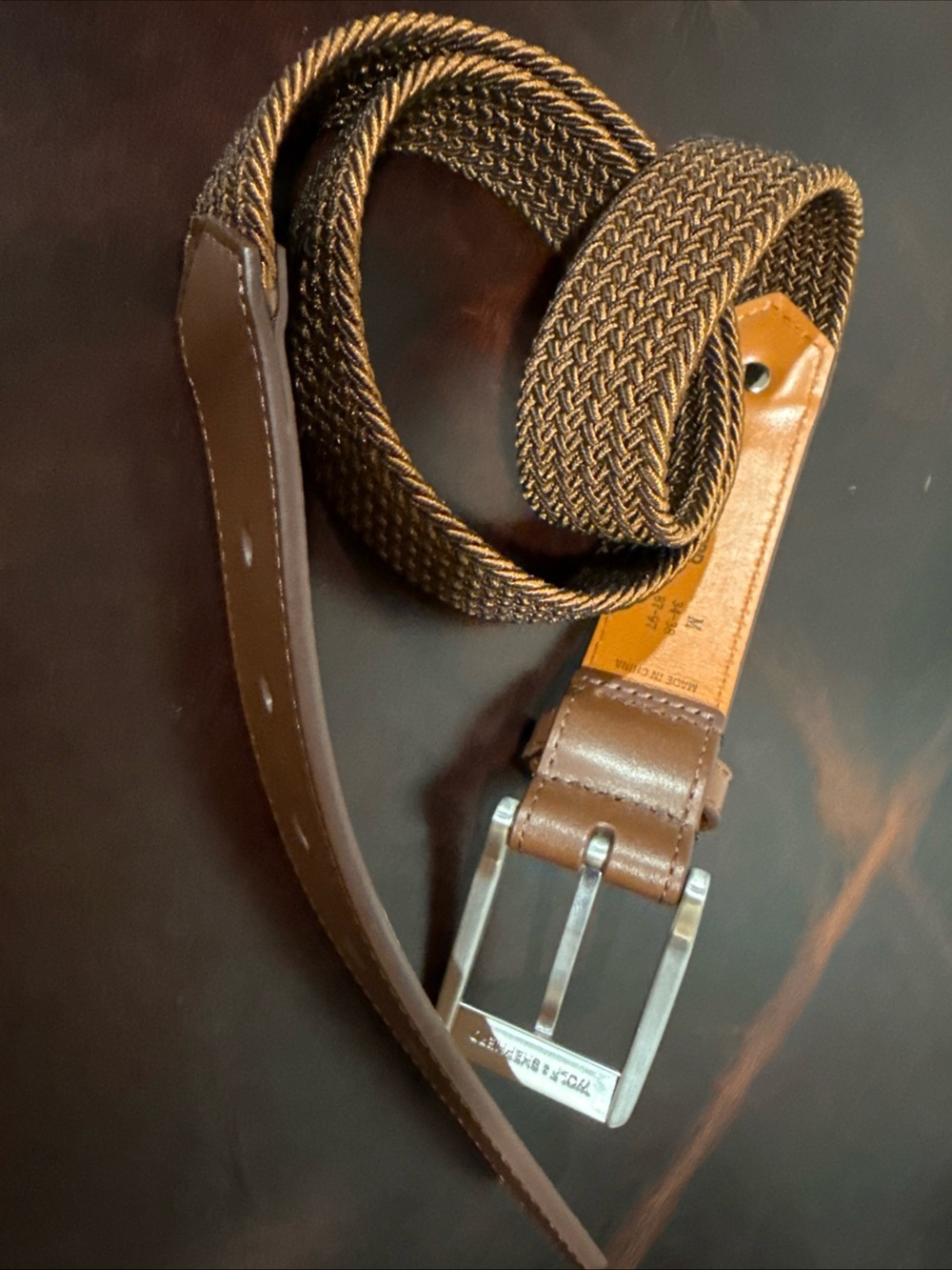 Wolf & Shepherd Stealth Woven Belt Medium 34 - 38 Stretch Maple Brown Leather - Picture 3 of 5